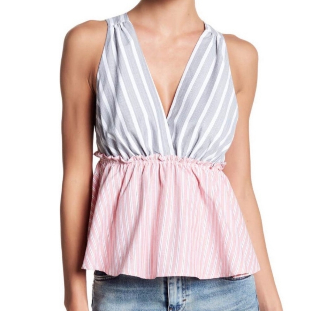 Elodie Striped Grey White Pink Criss Cross Back Peplum Tank, V Beck Cotton Top